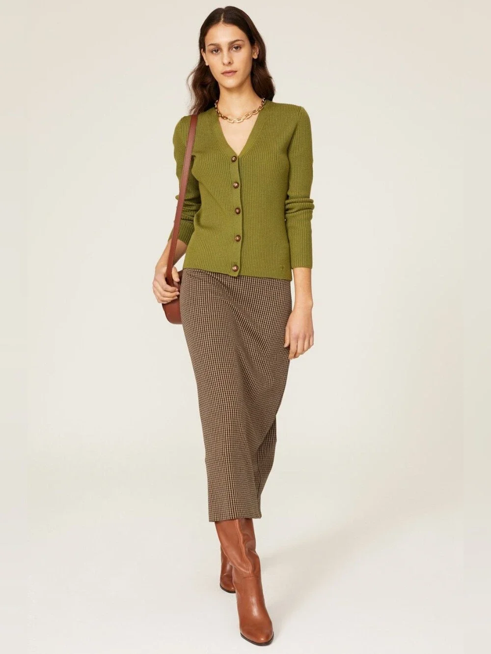 Tory Burch Merino Wool Olive Green Ribbed V-Neck Cardigan Size S